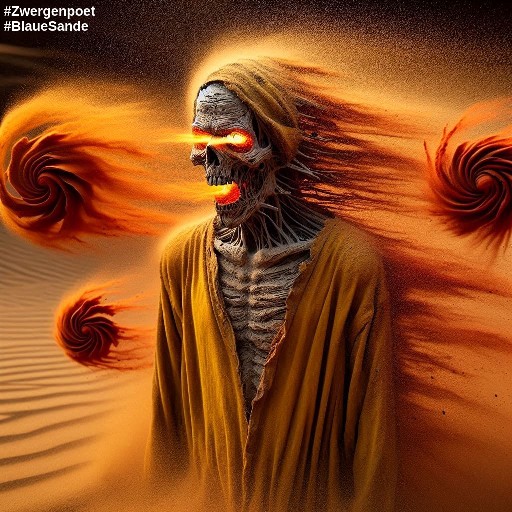 Die menschliche Gestalt ist dürr, gekleidet in einem schmutzigen gelben Kaftan. Aus Augen und Mund scheint Feuer. Um seinen Kopf herum drehen sich drei Windwirbel aus rotem Sand.